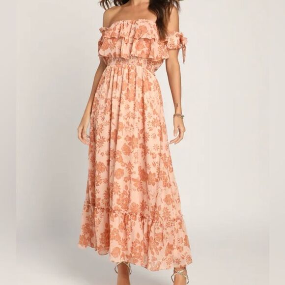 Lulus Love & Blooms Blush Floral Print Off Shoulder Dress M Peach NWT IN PKG - Picture 3 of 9